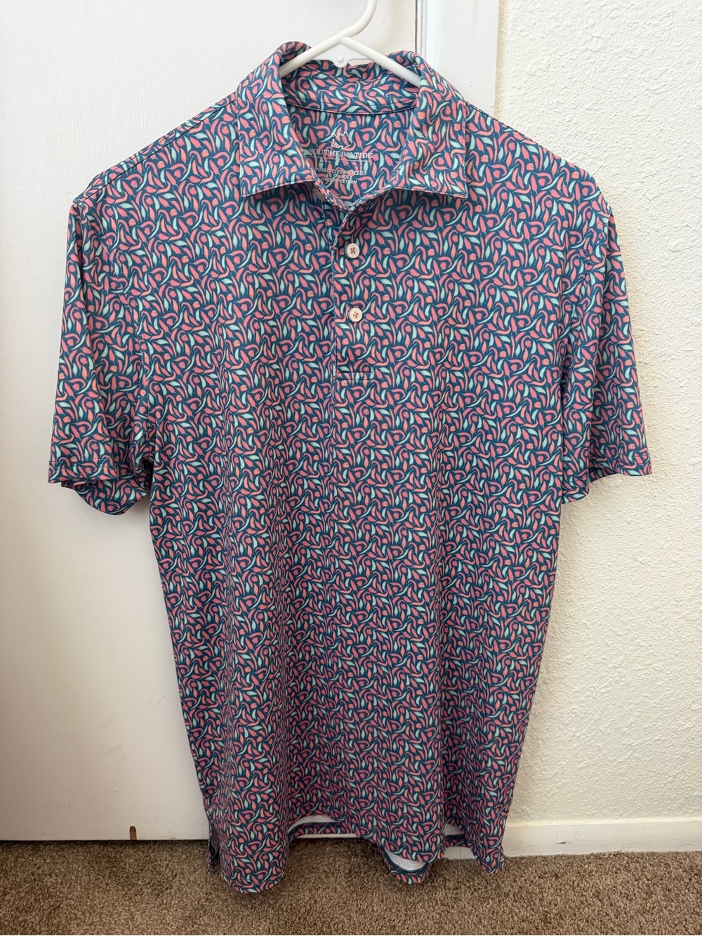 Southern Tide Men's Navy Polo with Pink & Teal Paisley Print